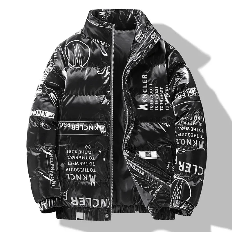 2023 New Winter Down Cotton Coat Men's Standing Neck Trend Printed Cotton Coat Fashion Versatile Casual Bright Coat Cotton Coat