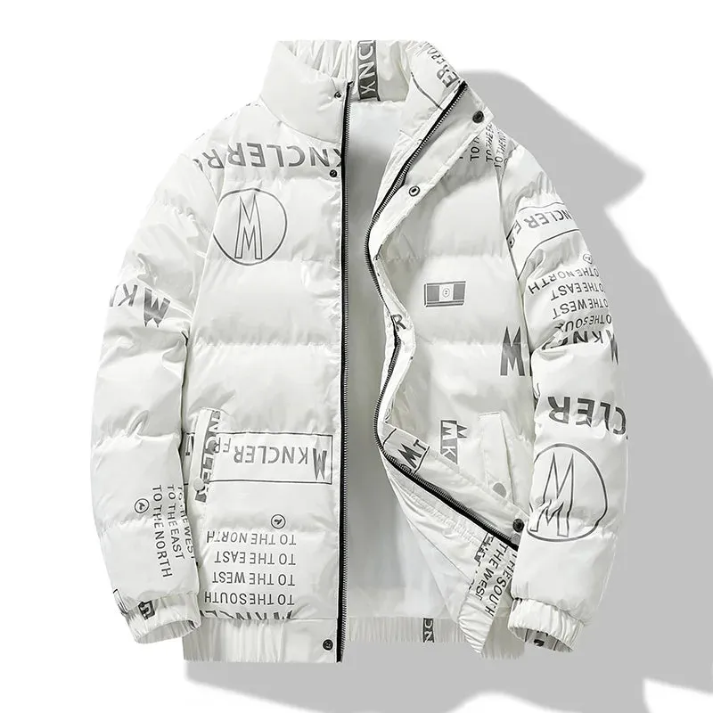 2023 New Winter Down Cotton Coat Men's Standing Neck Trend Printed Cotton Coat Fashion Versatile Casual Bright Coat Cotton Coat