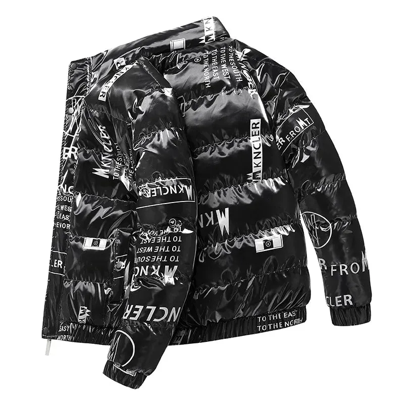2023 New Winter Down Cotton Coat Men's Standing Neck Trend Printed Cotton Coat Fashion Versatile Casual Bright Coat Cotton Coat