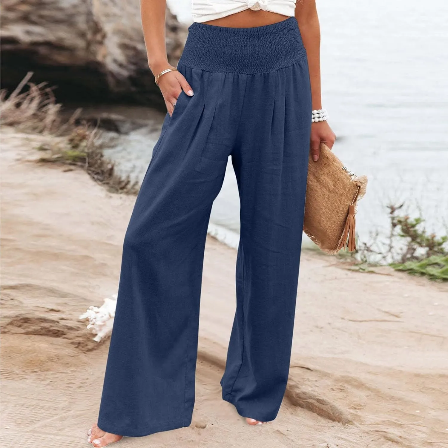 2024 Women Linen Palazzo Pants Wide Leg High Waist Lounge Summer Casual Boho Trousers Travel Vacation Outfits