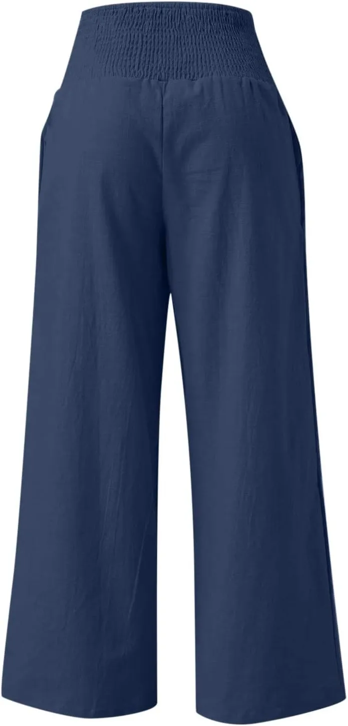 2024 Women Linen Palazzo Pants Wide Leg High Waist Lounge Summer Casual Boho Trousers Travel Vacation Outfits