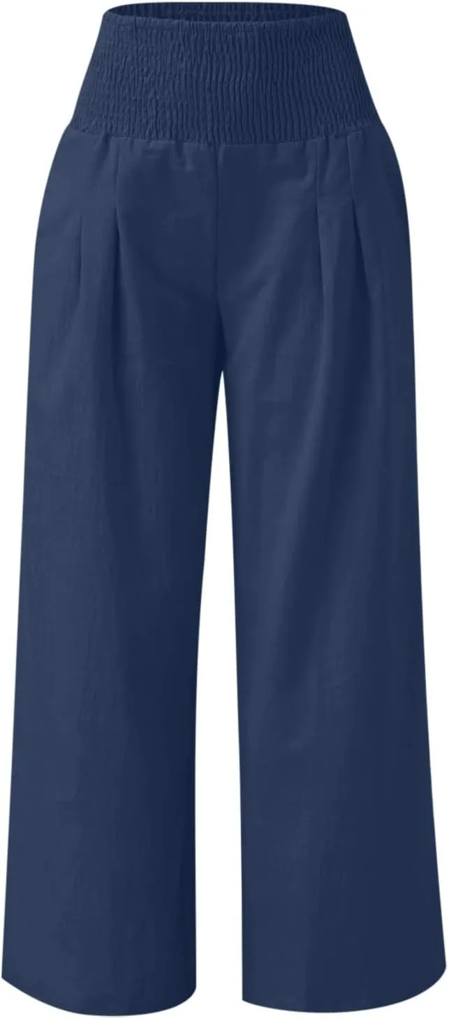 2024 Women Linen Palazzo Pants Wide Leg High Waist Lounge Summer Casual Boho Trousers Travel Vacation Outfits