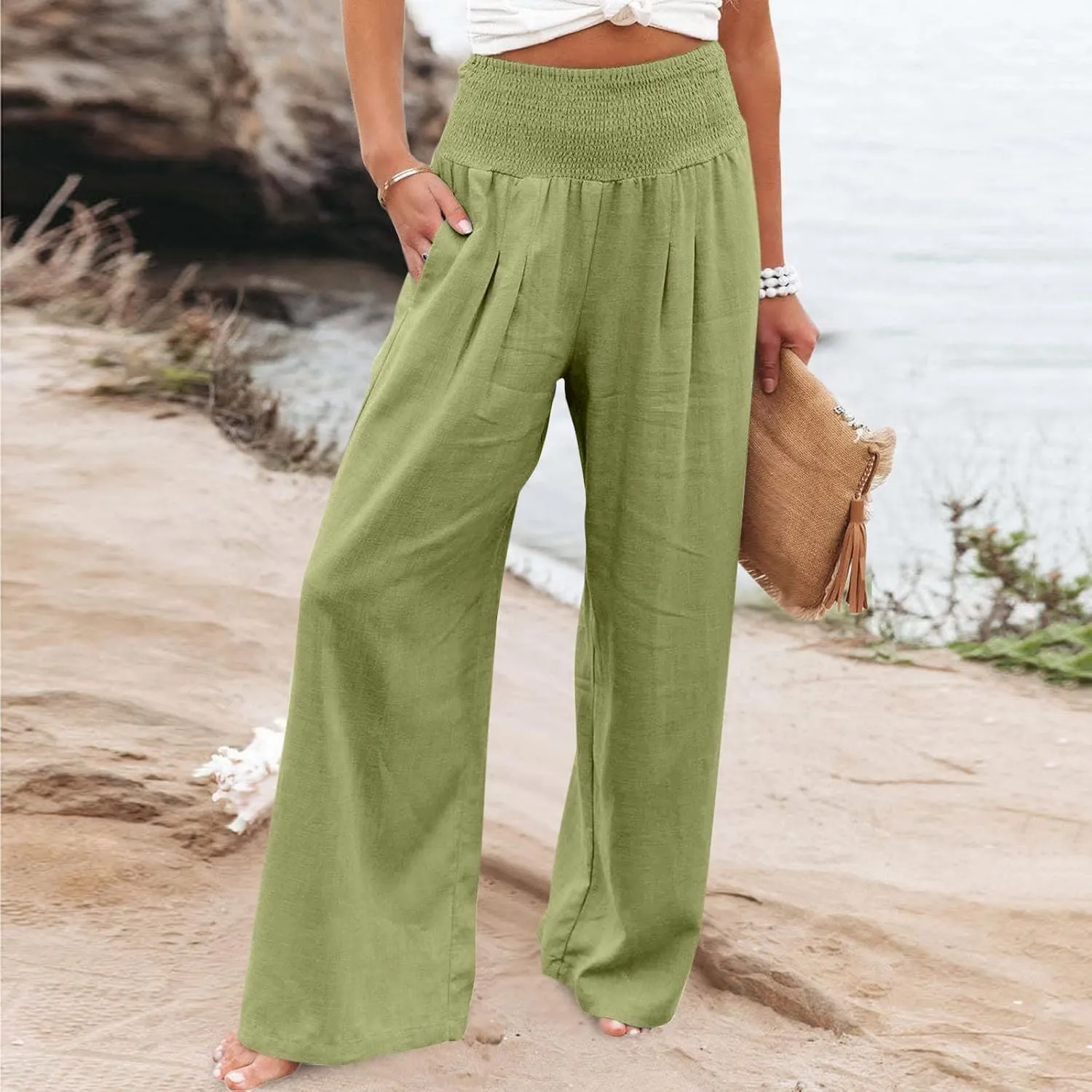 2024 Women Linen Palazzo Pants Wide Leg High Waist Lounge Summer Casual Boho Trousers Travel Vacation Outfits