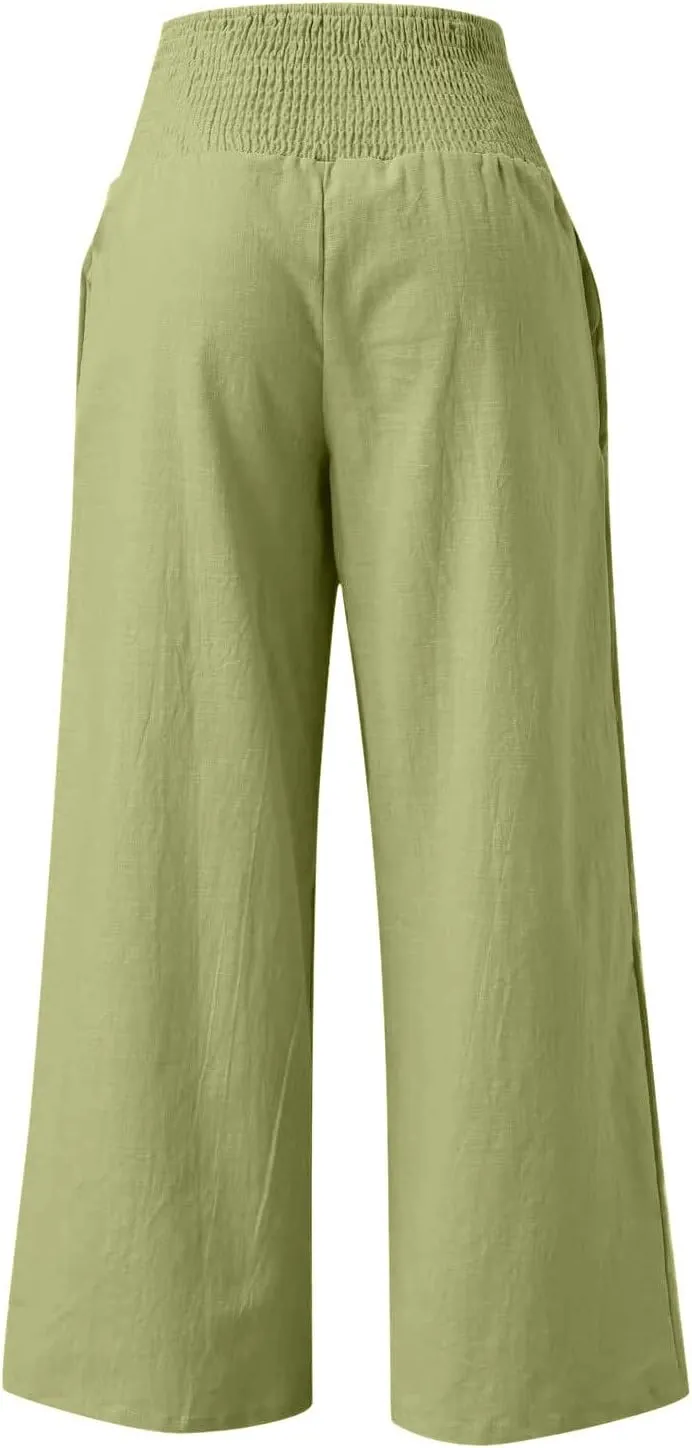 2024 Women Linen Palazzo Pants Wide Leg High Waist Lounge Summer Casual Boho Trousers Travel Vacation Outfits
