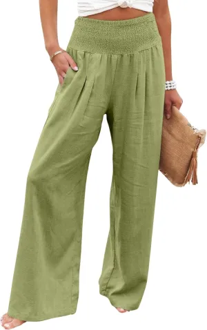 2024 Women Linen Palazzo Pants Wide Leg High Waist Lounge Summer Casual Boho Trousers Travel Vacation Outfits