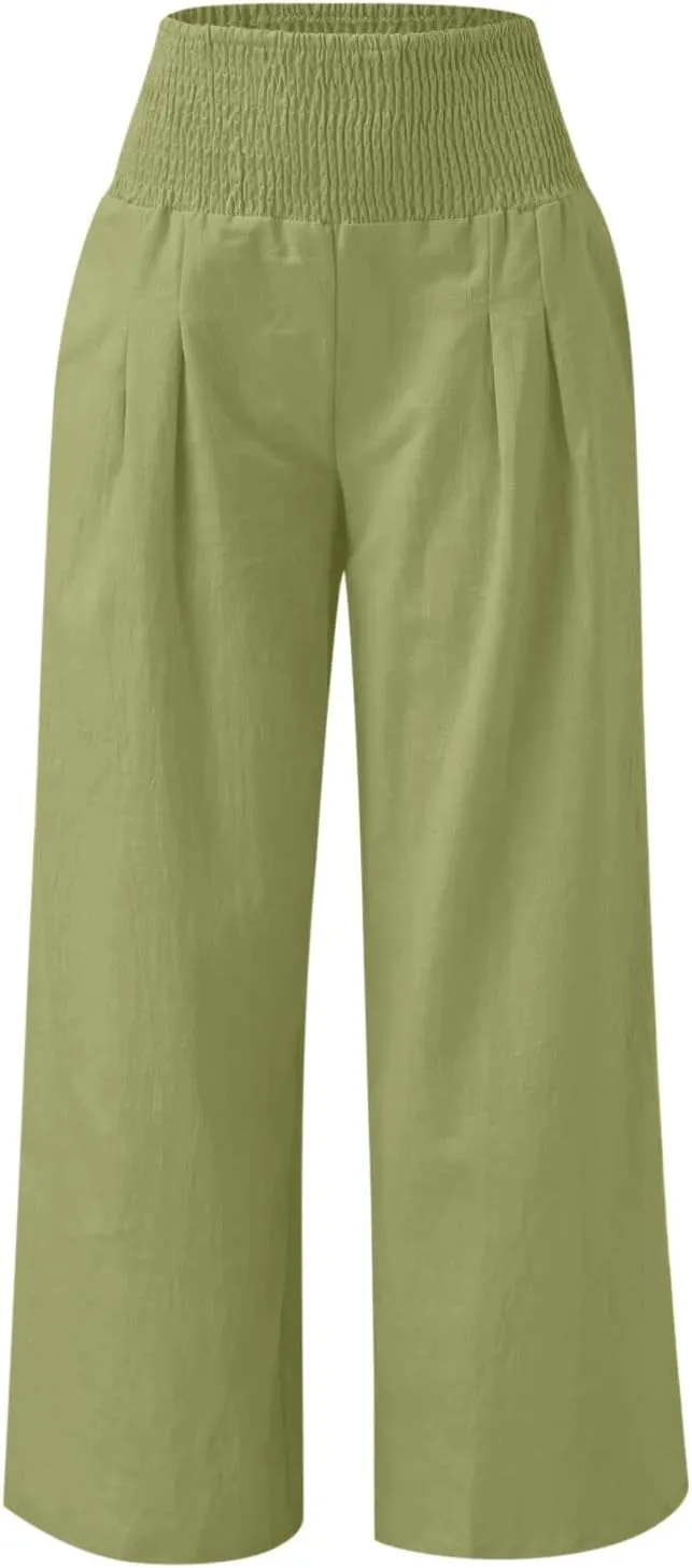 2024 Women Linen Palazzo Pants Wide Leg High Waist Lounge Summer Casual Boho Trousers Travel Vacation Outfits
