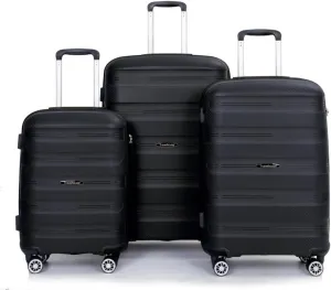 3-Piece Hardshell Luggage Set (20"/24"/28") - Lightweight PP Suitcases with Lock & 360 Spinner Wheels - Expandable Carry-On & Checked Luggage (Black   Polypropylene)
