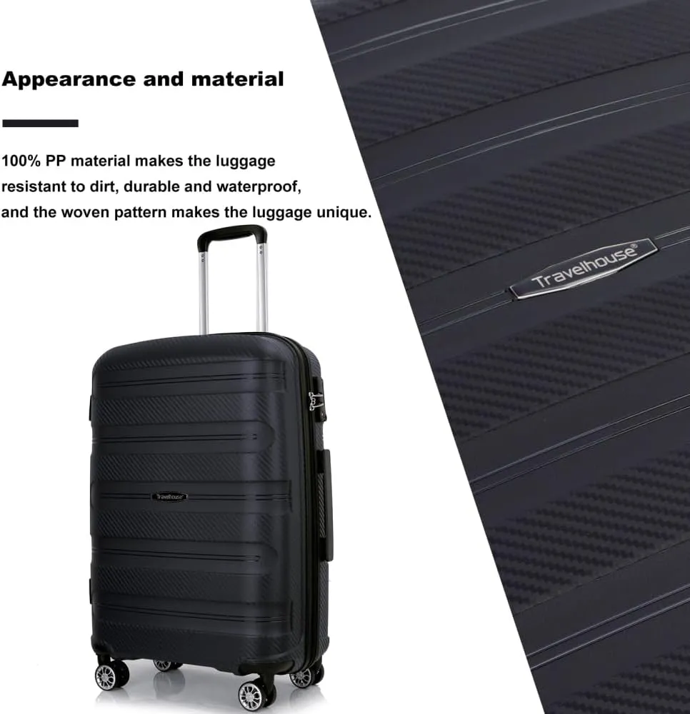 3-Piece Hardshell Luggage Set (20"/24"/28") - Lightweight PP Suitcases with Lock & 360 Spinner Wheels - Expandable Carry-On & Checked Luggage (Black   Polypropylene)
