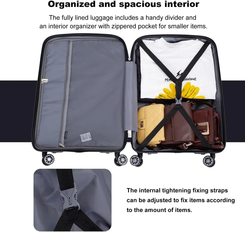 3-Piece Hardshell Luggage Set (20"/24"/28") - Lightweight PP Suitcases with Lock & 360 Spinner Wheels - Expandable Carry-On & Checked Luggage (Black   Polypropylene)