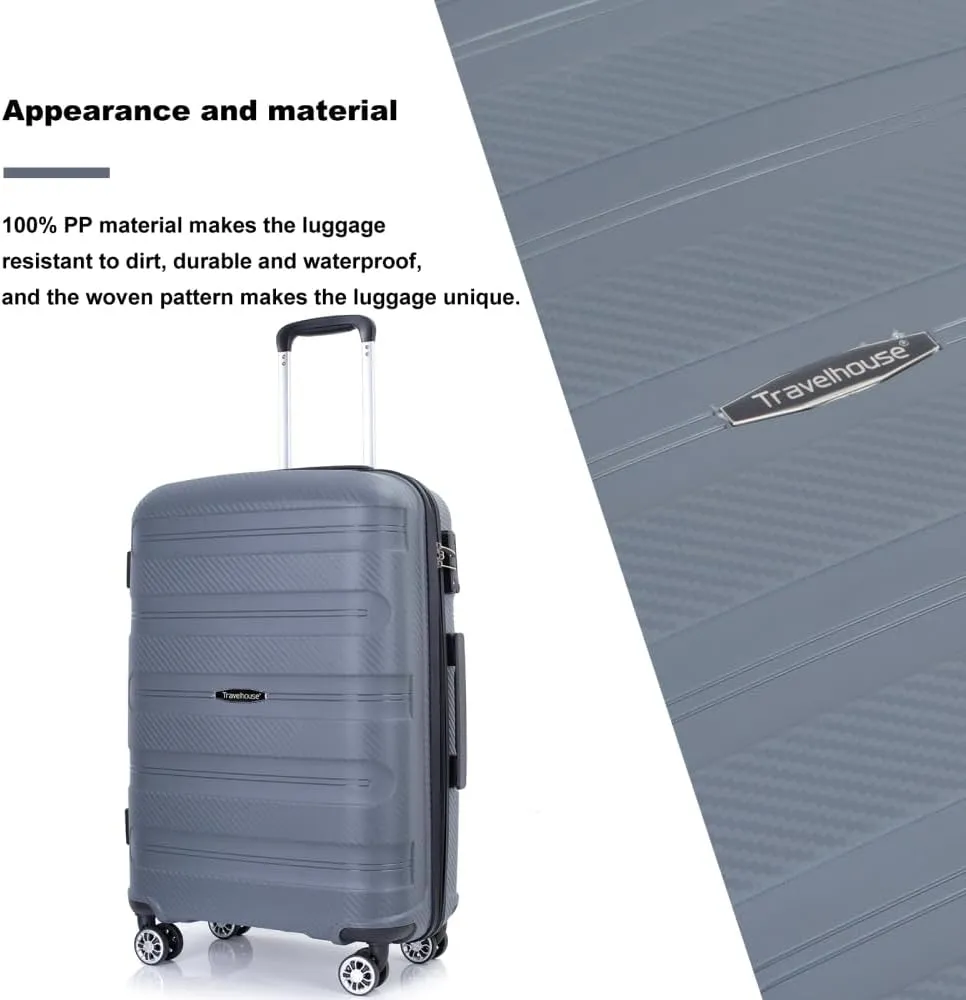 3-Piece Hardshell Luggage Set (20"/24"/28") - Lightweight PP Suitcases with Lock & 360 Spinner Wheels - Expandable Carry-On & Checked Luggage (Gray   Polypropylene)