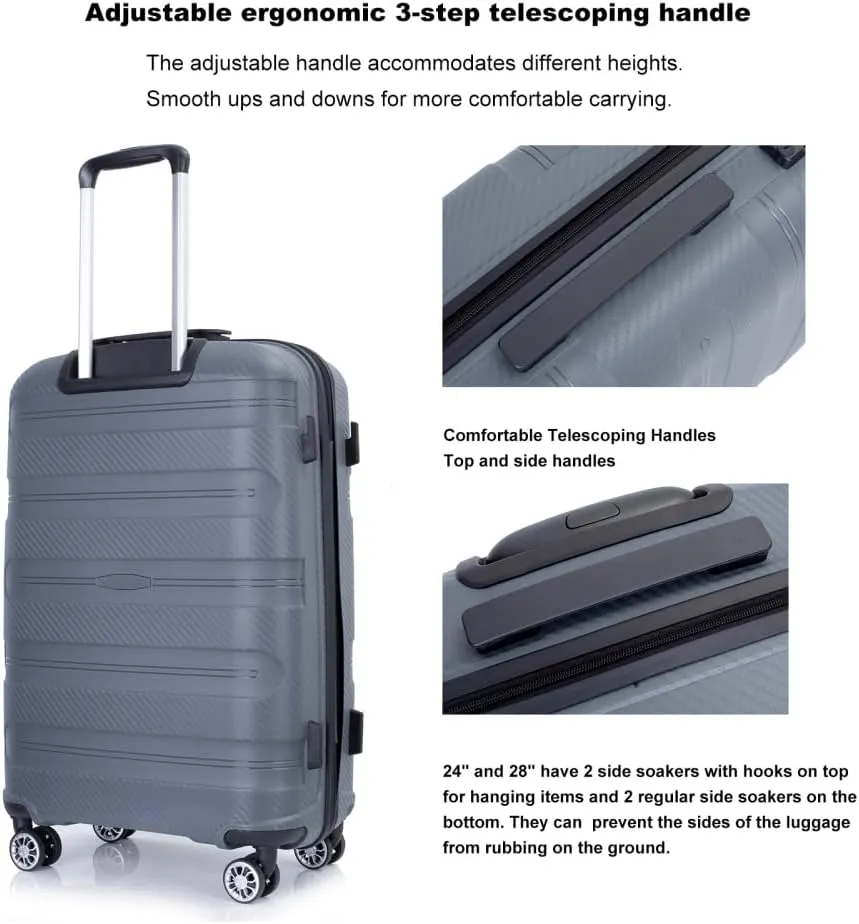 3-Piece Hardshell Luggage Set (20"/24"/28") - Lightweight PP Suitcases with Lock & 360 Spinner Wheels - Expandable Carry-On & Checked Luggage (Gray   Polypropylene)