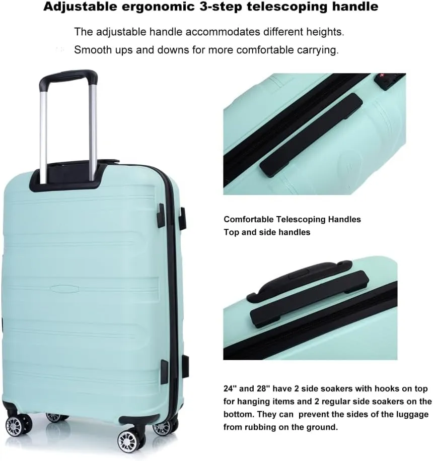 3-Piece Hardshell Luggage Set (20"/24"/28") - Lightweight PP Suitcases with Lock & 360 Spinner Wheels - Expandable Carry-On & Checked Luggage (Light Green   Polypropylene)