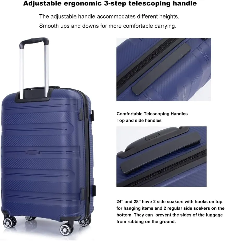 3-Piece Hardshell Luggage Set (20"/24"/28") - Lightweight PP Suitcases with Lock & 360 Spinner Wheels - Expandable Carry-On & Checked Luggage (Navy   Polypropylene)