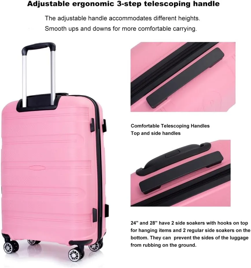 3-Piece Hardshell Luggage Set (20"/24"/28") - Lightweight PP Suitcases with Lock & 360 Spinner Wheels - Expandable Carry-On & Checked Luggage (Pink   Polypropylene)