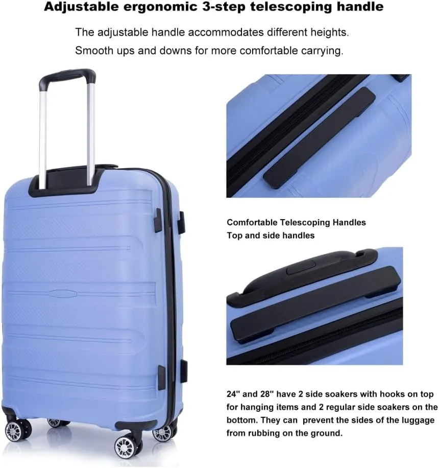 3-Piece Hardshell Luggage Set (20"/24"/28") - Lightweight PP Suitcases with Lock & 360 Spinner Wheels - Expandable Carry-On & Checked Luggage (Purplish Blue   Polypropylene)