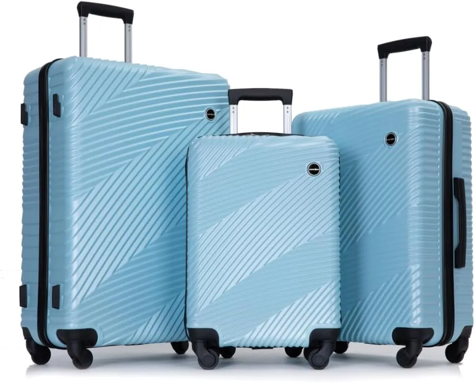 3-Piece Lightweight Luggage Set (20/24/28 Inch) - Durable PC ABS Hardshell Suitcases with Spinner Wheels & 2 Utility Hooks - Gray Carry-On & Checked Luggage (Aqua Blue   ABS PC)