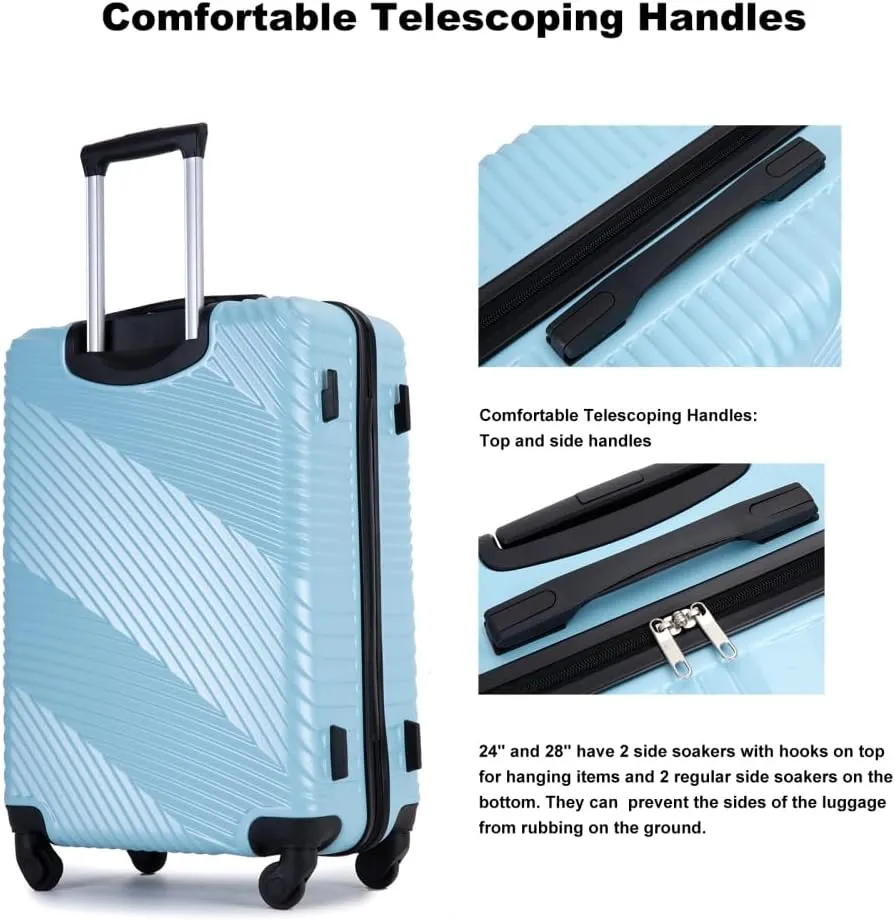 3-Piece Lightweight Luggage Set (20/24/28 Inch) - Durable PC ABS Hardshell Suitcases with Spinner Wheels & 2 Utility Hooks - Gray Carry-On & Checked Luggage (Aqua Blue   ABS PC)