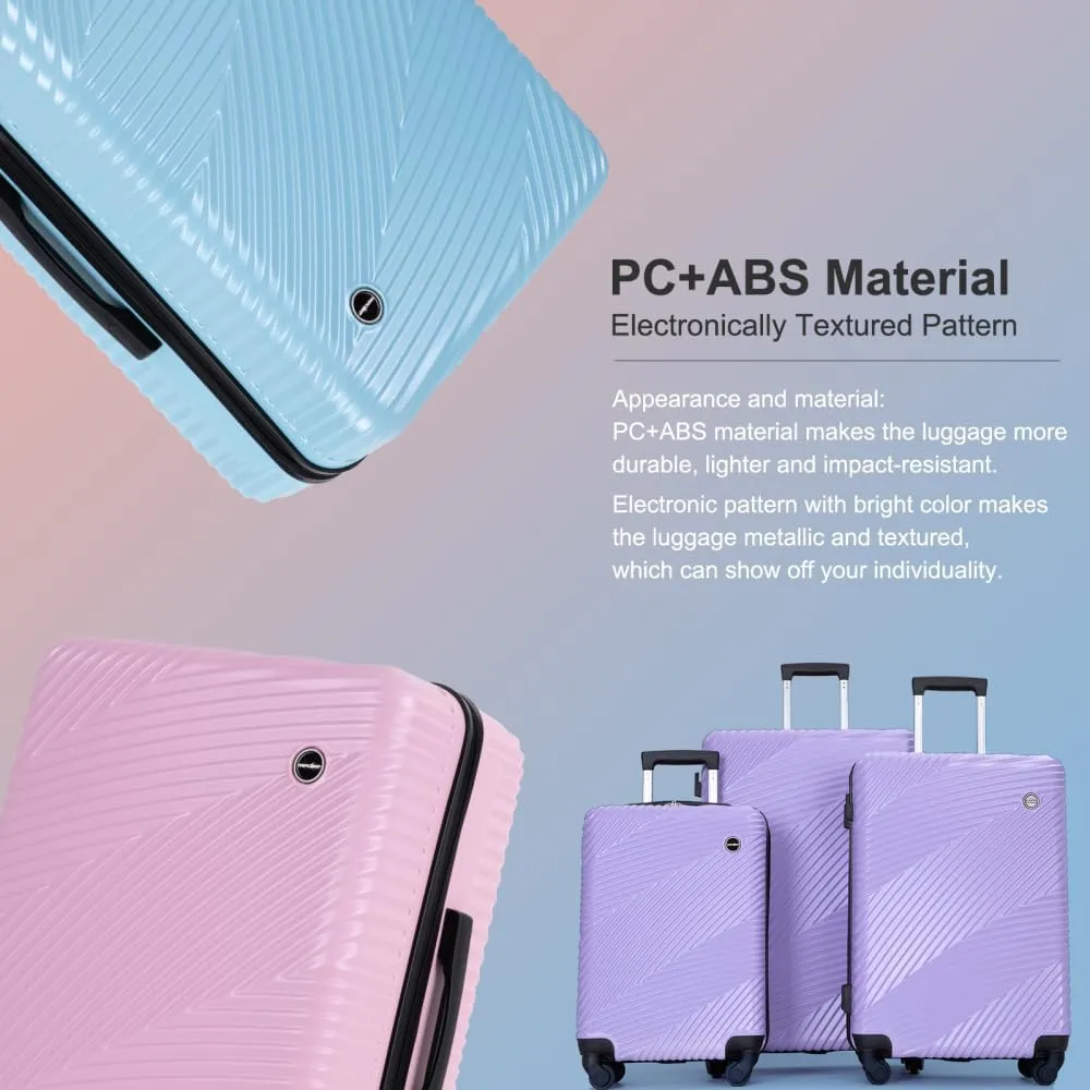 3-Piece Lightweight Luggage Set (20/24/28 Inch) - Durable PC ABS Hardshell Suitcases with Spinner Wheels & 2 Utility Hooks - Gray Carry-On & Checked Luggage (Light Purple   ABS PC)