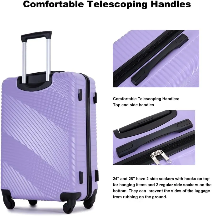3-Piece Lightweight Luggage Set (20/24/28 Inch) - Durable PC ABS Hardshell Suitcases with Spinner Wheels & 2 Utility Hooks - Gray Carry-On & Checked Luggage (Light Purple   ABS PC)