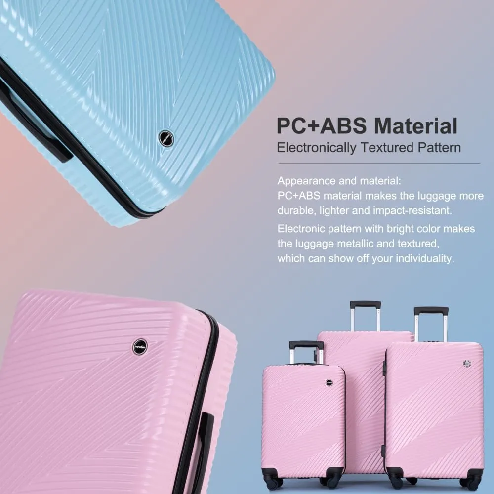 3-Piece Lightweight Luggage Set (20/24/28 Inch) - Durable PC ABS Hardshell Suitcases with Spinner Wheels & 2 Utility Hooks - Gray Carry-On & Checked Luggage (Pink   ABS PC)