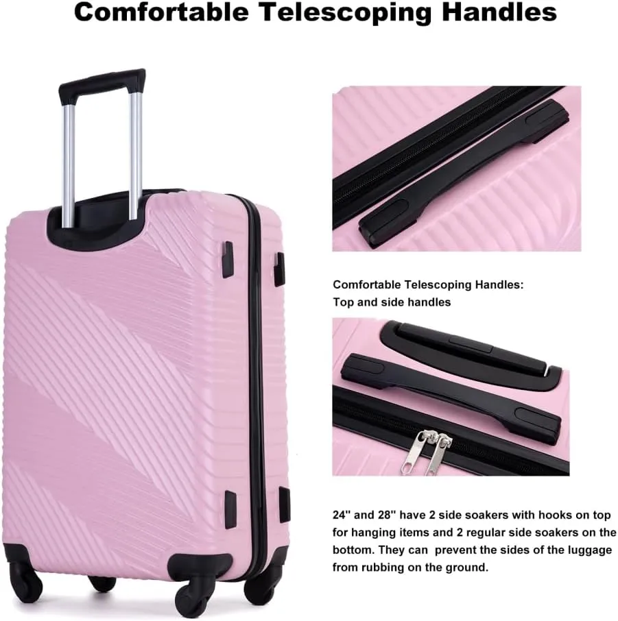 3-Piece Lightweight Luggage Set (20/24/28 Inch) - Durable PC ABS Hardshell Suitcases with Spinner Wheels & 2 Utility Hooks - Gray Carry-On & Checked Luggage (Pink   ABS PC)