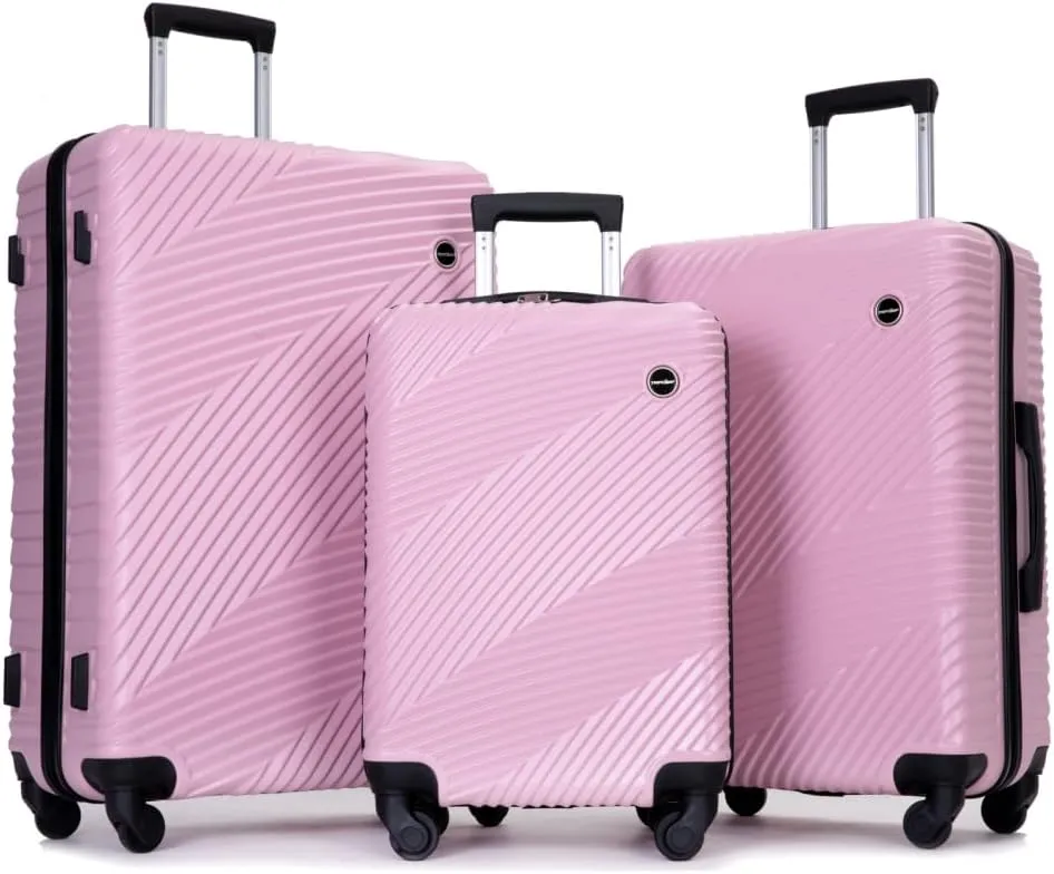 3-Piece Lightweight Luggage Set (20/24/28 Inch) - Durable PC ABS Hardshell Suitcases with Spinner Wheels & 2 Utility Hooks - Gray Carry-On & Checked Luggage (Pink   ABS PC)