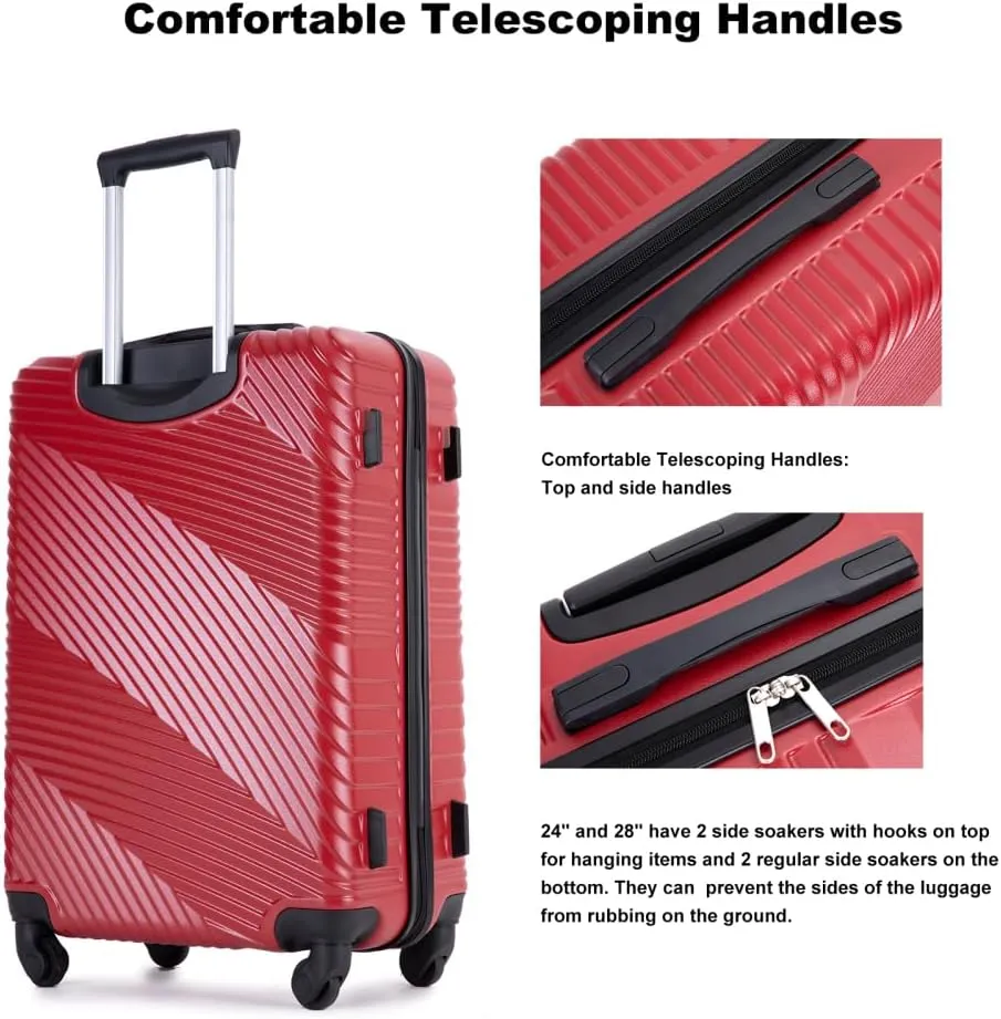 3-Piece Lightweight Luggage Set (20/24/28 Inch) - Durable PC ABS Hardshell Suitcases with Spinner Wheels & 2 Utility Hooks - Gray Carry-On & Checked Luggage (Red   ABS PC)