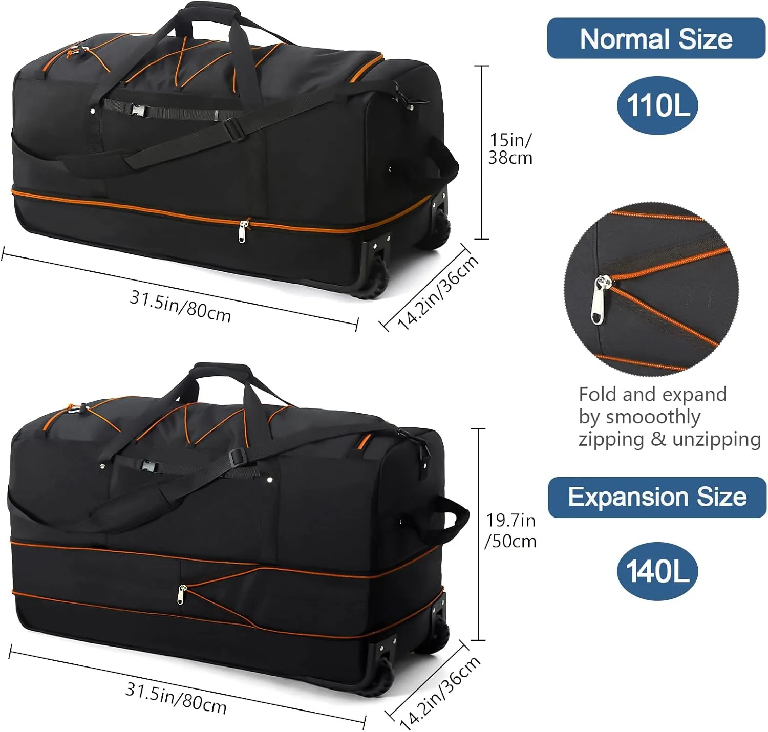32" 110L Expandable 140L Soft-Sided Rolling Duffle Bag, Foldable Extra Large Sport Bag with 2-Inline Wheels, Black-Orange