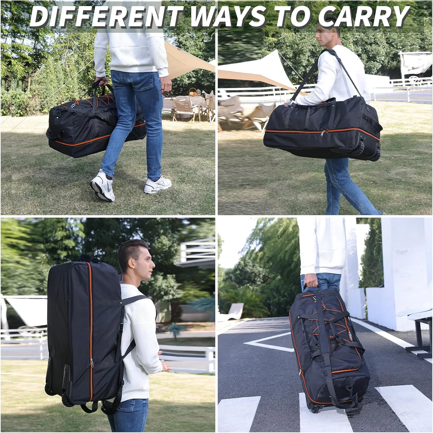 32" 110L Expandable 140L Soft-Sided Rolling Duffle Bag, Foldable Extra Large Sport Bag with 2-Inline Wheels, Black-Orange