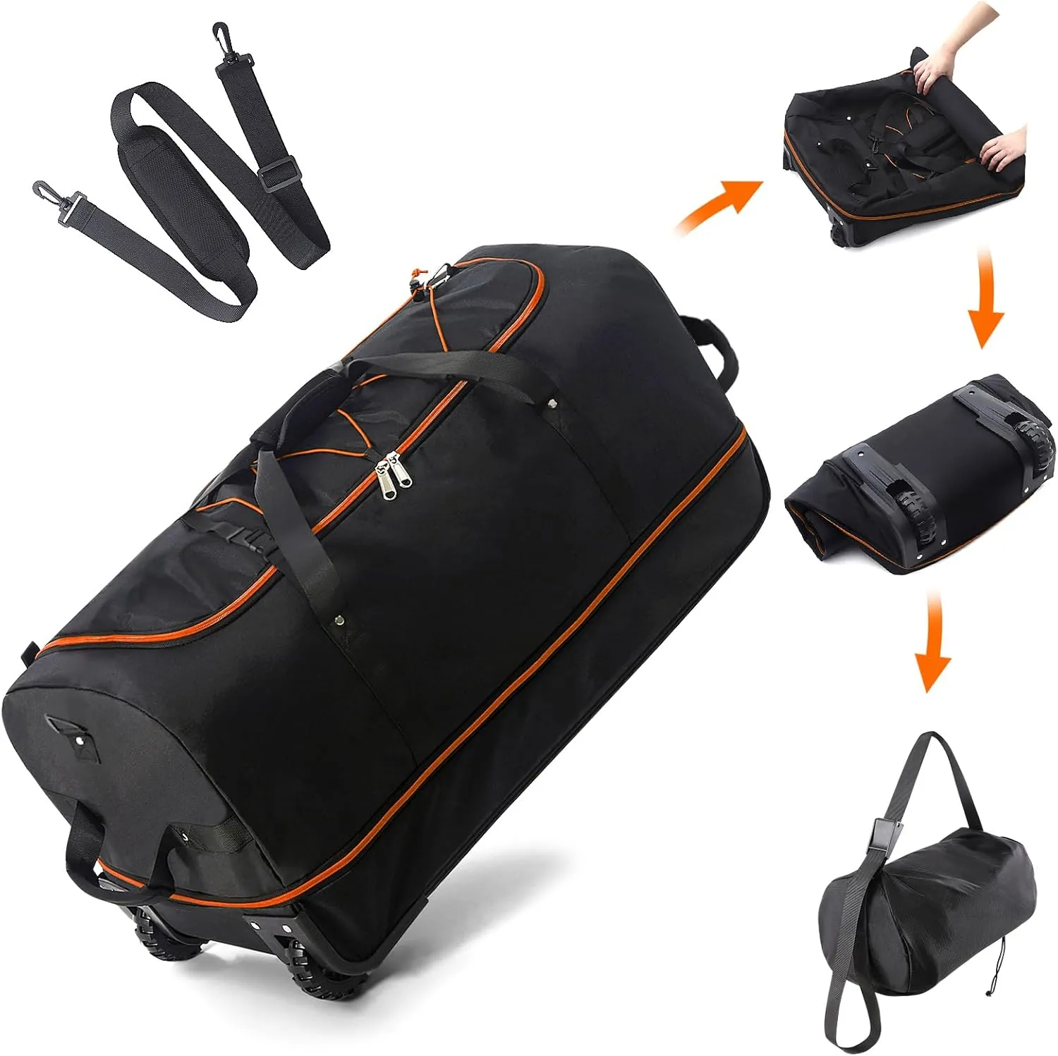 32" 110L Expandable 140L Soft-Sided Rolling Duffle Bag, Foldable Extra Large Sport Bag with 2-Inline Wheels, Black-Orange