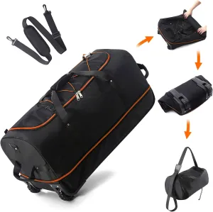 32" 110L Expandable 140L Soft-Sided Rolling Duffle Bag, Foldable Extra Large Sport Bag with 2-Inline Wheels, Black-Orange