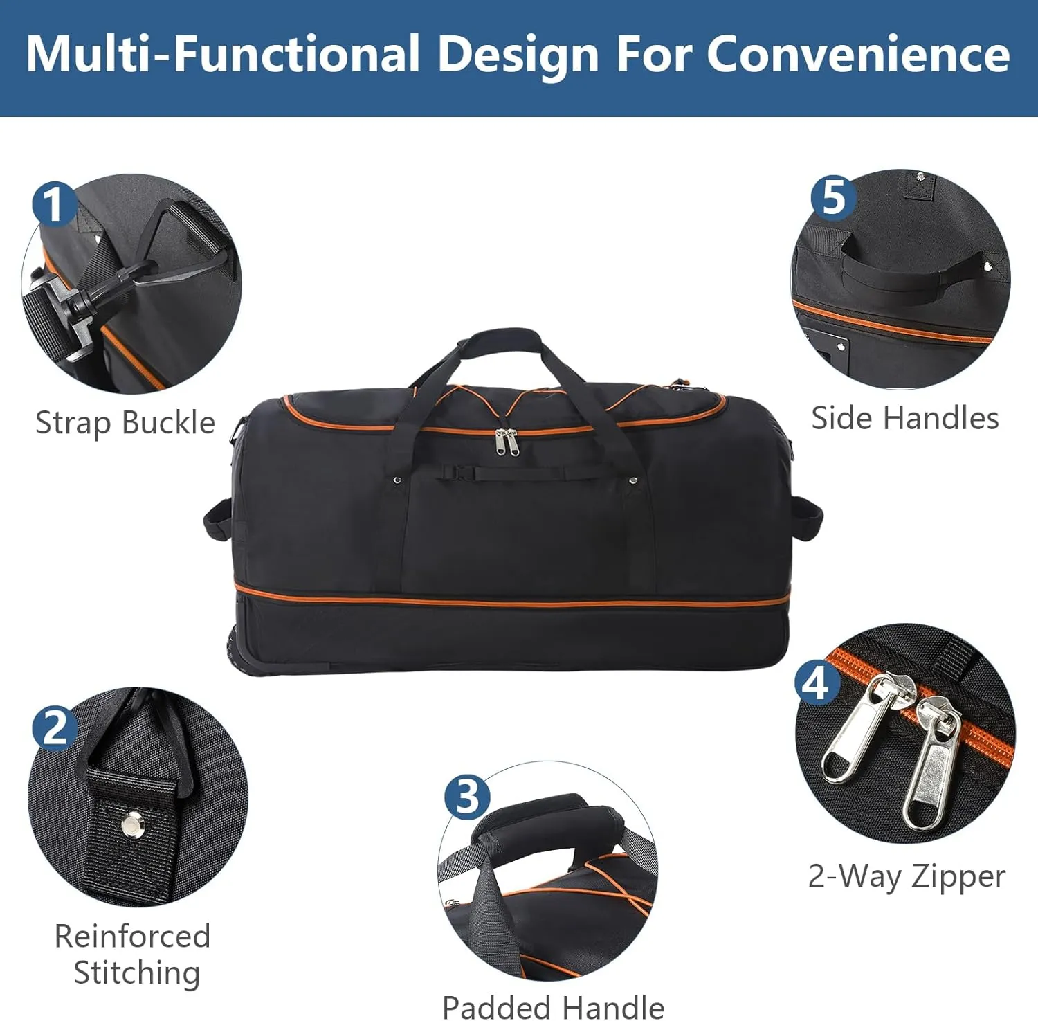 32" 110L Expandable 140L Soft-Sided Rolling Duffle Bag, Foldable Extra Large Sport Bag with 2-Inline Wheels, Black-Orange