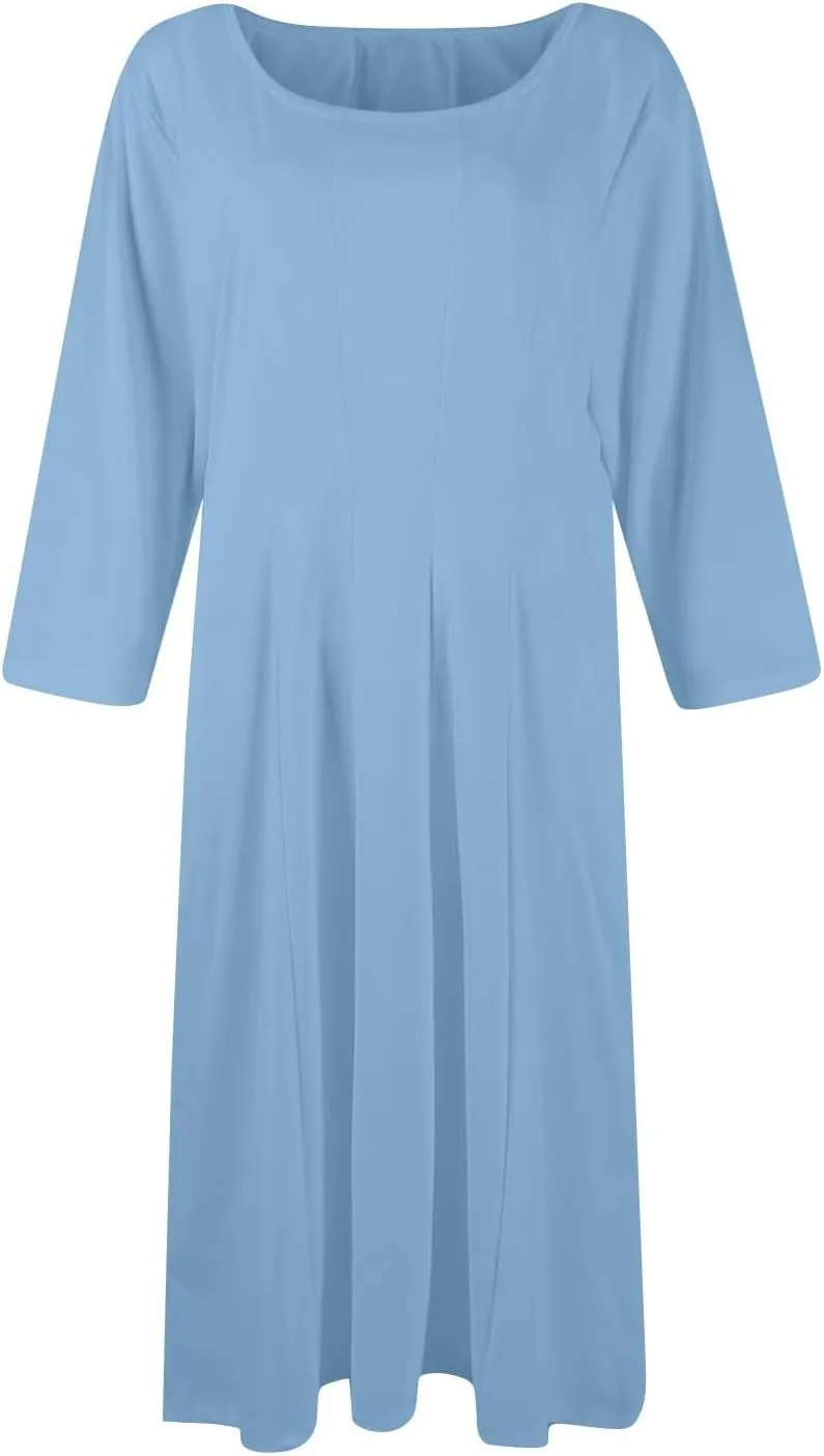 3/4 Sleeve Midi Dresses for Women 2024 Fashion Solid Color Pleated Dress Casual Plus Size Crewneck Dress with Pockets