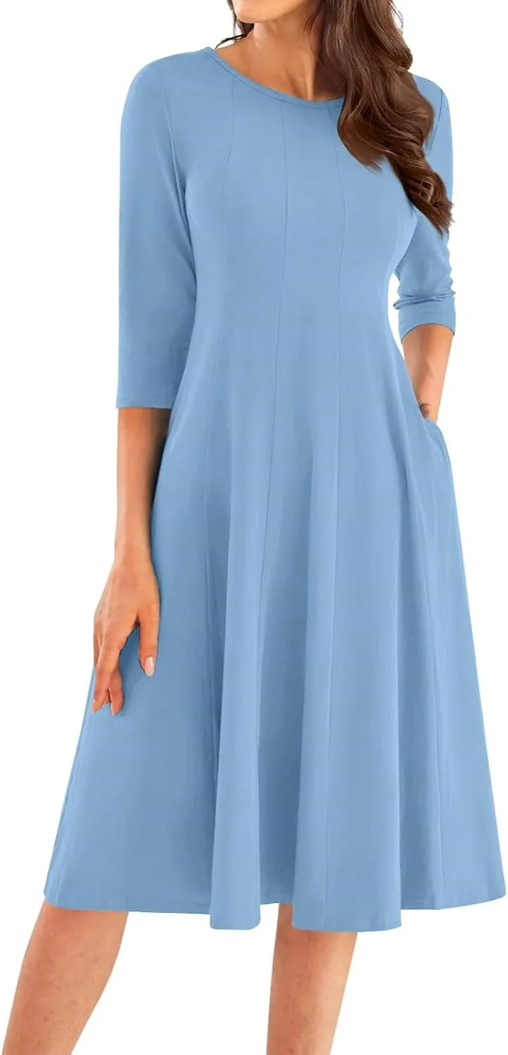 3/4 Sleeve Midi Dresses for Women 2024 Fashion Solid Color Pleated Dress Casual Plus Size Crewneck Dress with Pockets