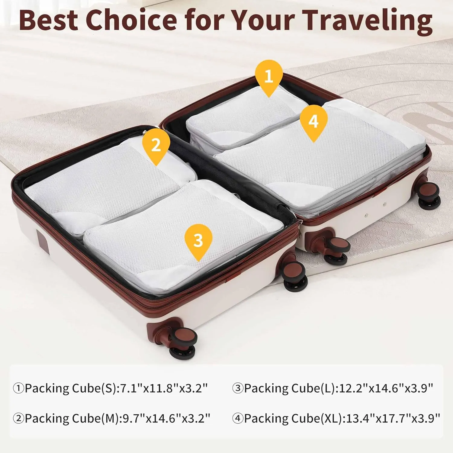 4-Piece Expandable Luggage Set with Compression Packing Cubes - 16" 20" 24" 28" Lightweight ABS Suitcases w/TSA Lock, 360 Spinner Wheels, Family Travel Luggage Set (Brown White)