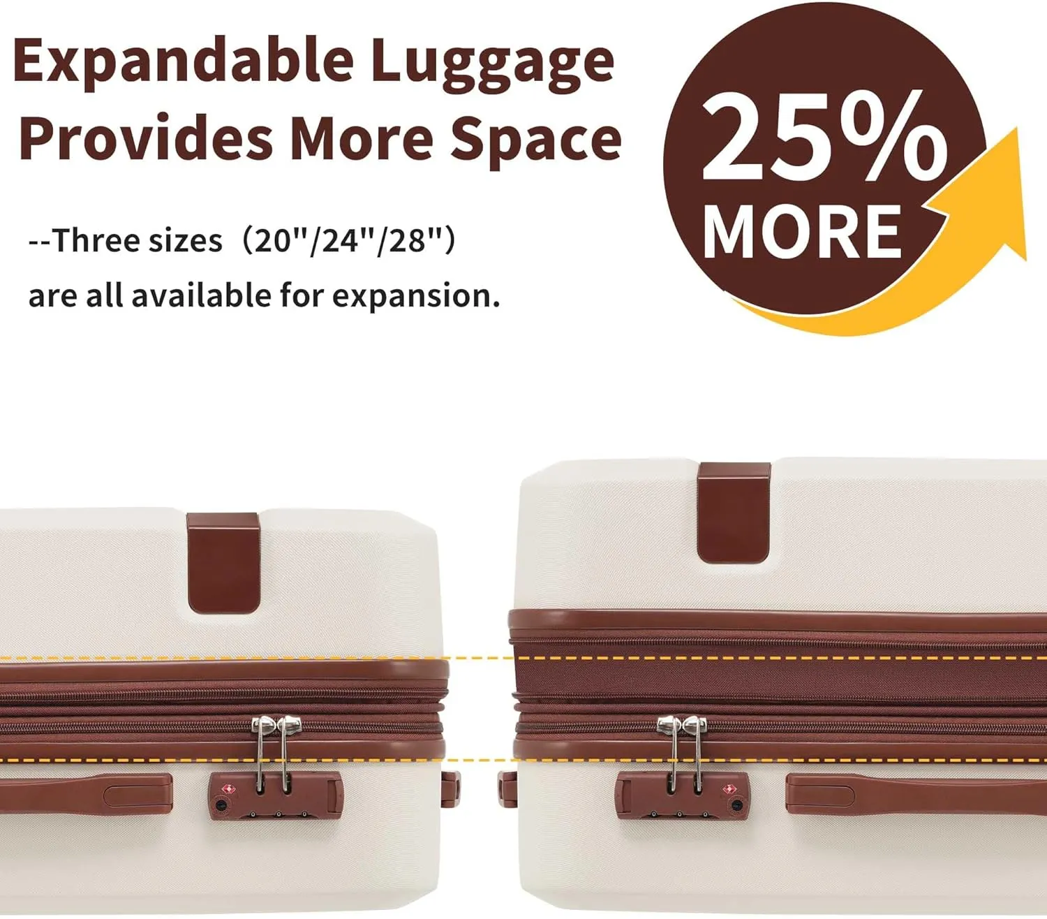 4-Piece Expandable Luggage Set with Compression Packing Cubes - 16" 20" 24" 28" Lightweight ABS Suitcases w/TSA Lock, 360 Spinner Wheels, Family Travel Luggage Set (Brown White)