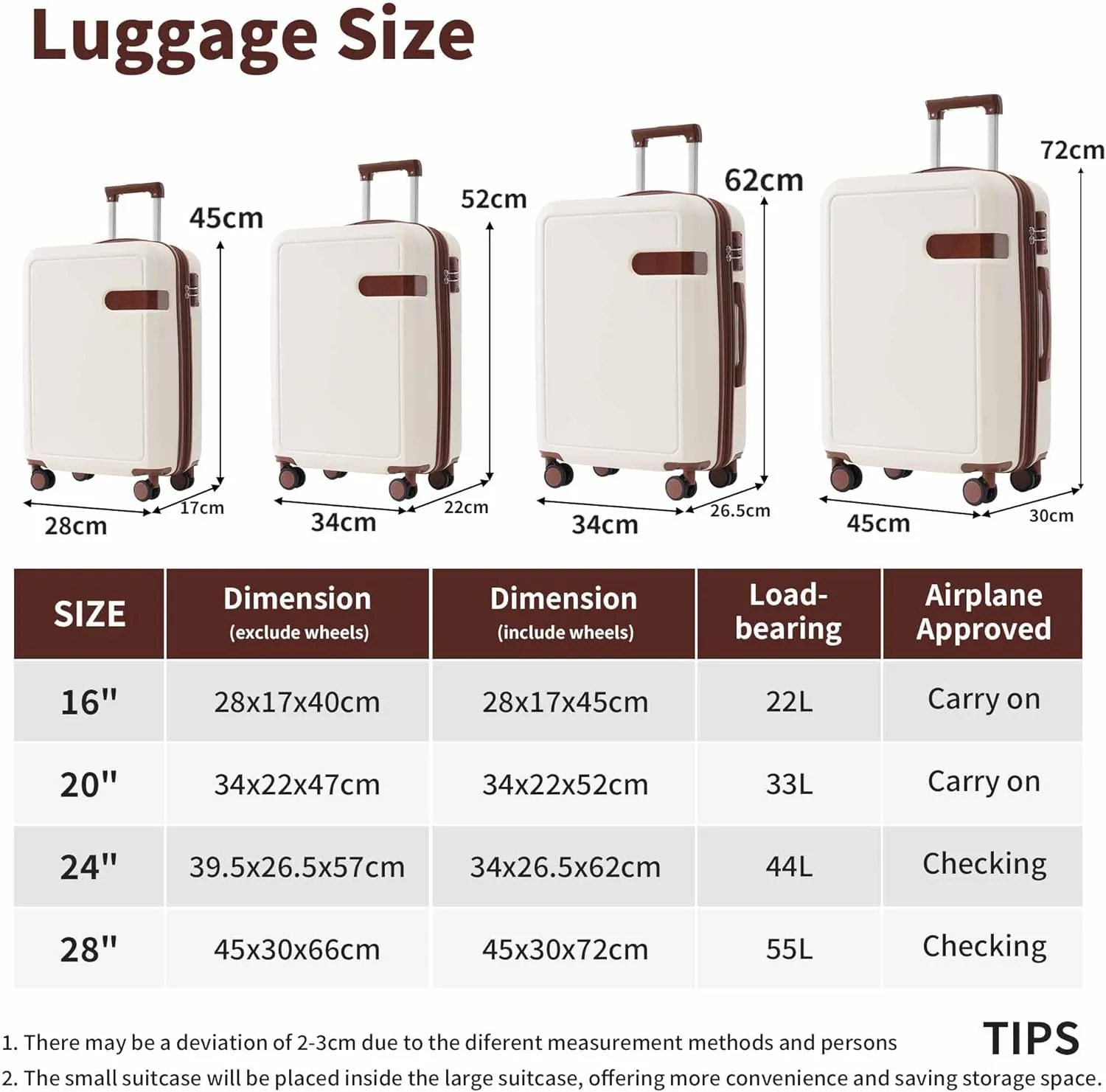 4-Piece Expandable Luggage Set with Compression Packing Cubes - 16" 20" 24" 28" Lightweight ABS Suitcases w/TSA Lock, 360 Spinner Wheels, Family Travel Luggage Set (Brown White)