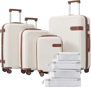 4-Piece Expandable Luggage Set with Compression Packing Cubes - 16" 20" 24" 28" Lightweight ABS Suitcases w/TSA Lock, 360 Spinner Wheels, Family Travel Luggage Set (Brown White)