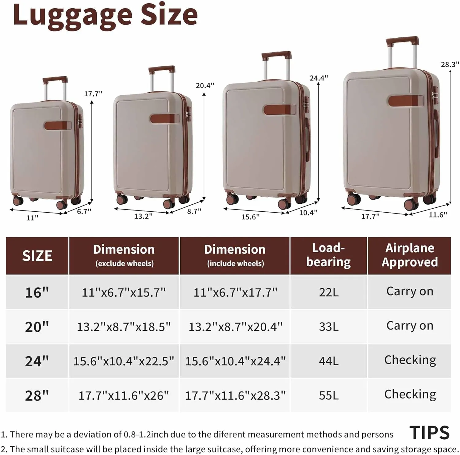 4-Piece Expandable Luggage Set with Compression Packing Cubes - 16" 20" 24" 28" Lightweight ABS Suitcases w/TSA Lock, 360 Spinner Wheels, Family Travel Luggage Set (khaki)