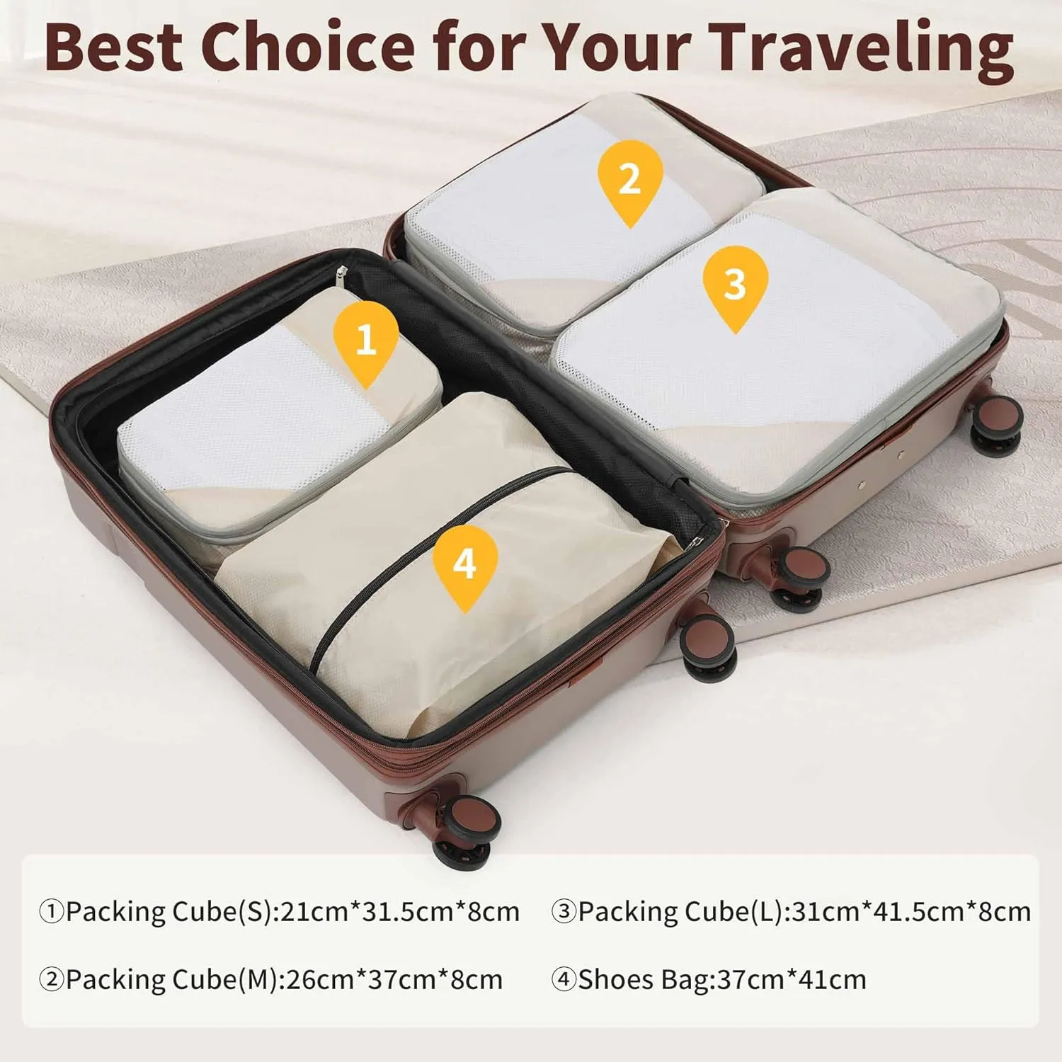 4-Piece Expandable Luggage Set with Compression Packing Cubes - 16" 20" 24" 28" Lightweight ABS Suitcases w/TSA Lock, 360 Spinner Wheels, Family Travel Luggage Set (khaki)