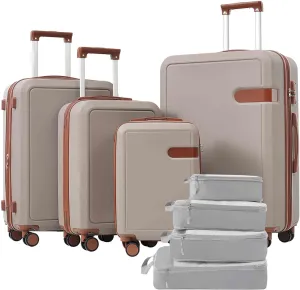 4-Piece Expandable Luggage Set with Compression Packing Cubes - 16" 20" 24" 28" Lightweight ABS Suitcases w/TSA Lock, 360 Spinner Wheels, Family Travel Luggage Set (khaki)