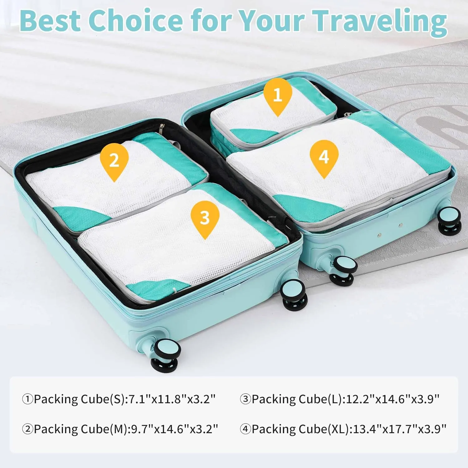 4-Piece Expandable Luggage Set with Compression Packing Cubes - 16" 20" 24" 28" Lightweight ABS Suitcases w/TSA Lock, 360 Spinner Wheels, Family Travel Luggage Set (Light Blue)