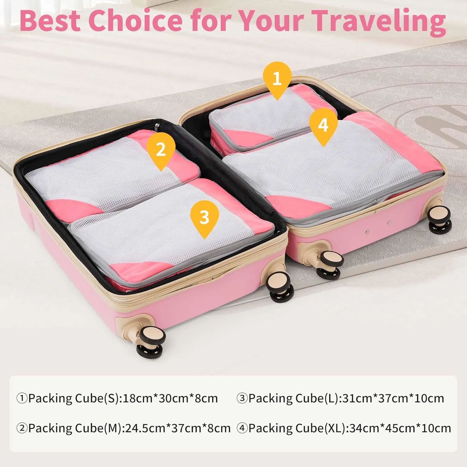 4-Piece Expandable Luggage Set with Compression Packing Cubes - 16" 20" 24" 28" Lightweight ABS Suitcases w/TSA Lock, 360 Spinner Wheels, Family Travel Luggage Set (Pink)