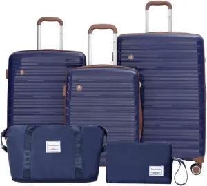 5-Piece PP Hardshell Luggage Set (20"/24"/28") - Lightweight Suitcases with Lock & Spinner Wheels - Includes Travel Bag & Toiletry Bag - Carry-On & Checked Luggage (Blue   Polyester)