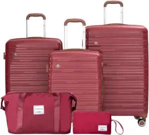 5-Piece PP Hardshell Luggage Set (20"/24"/28") - Lightweight Suitcases with Lock & Spinner Wheels - Includes Travel Bag & Toiletry Bag - Carry-On & Checked Luggage (WINE RED   Polyester)