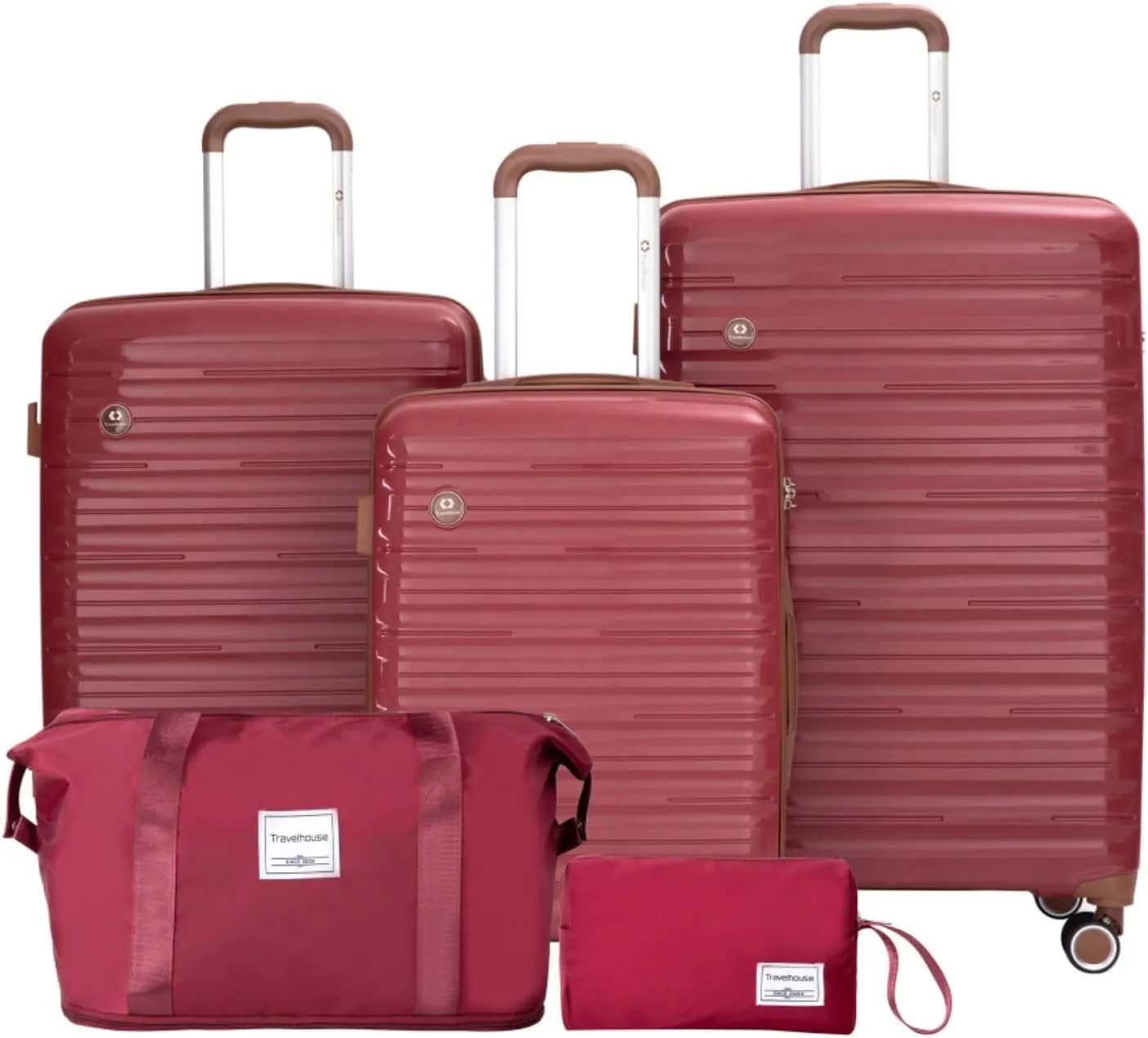 5-Piece PP Hardshell Luggage Set (20"/24"/28") - Lightweight Suitcases with Lock & Spinner Wheels - Includes Travel Bag & Toiletry Bag - Carry-On & Checked Luggage (WINE RED   Polyester)