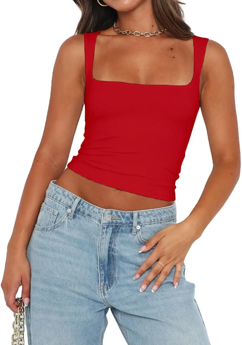 Abardsion Womens Sexy Crop Top Summer 2024 Square Neck Sleeveless Double Layer Going Out Tank Tops
