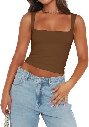 Abardsion Womens Sexy Crop Top Summer 2024 Square Neck Sleeveless Double Layer Going Out Tank Tops