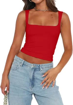 Abardsion Womens Sexy Crop Top Summer 2024 Square Neck Sleeveless Double Layer Going Out Tank Tops