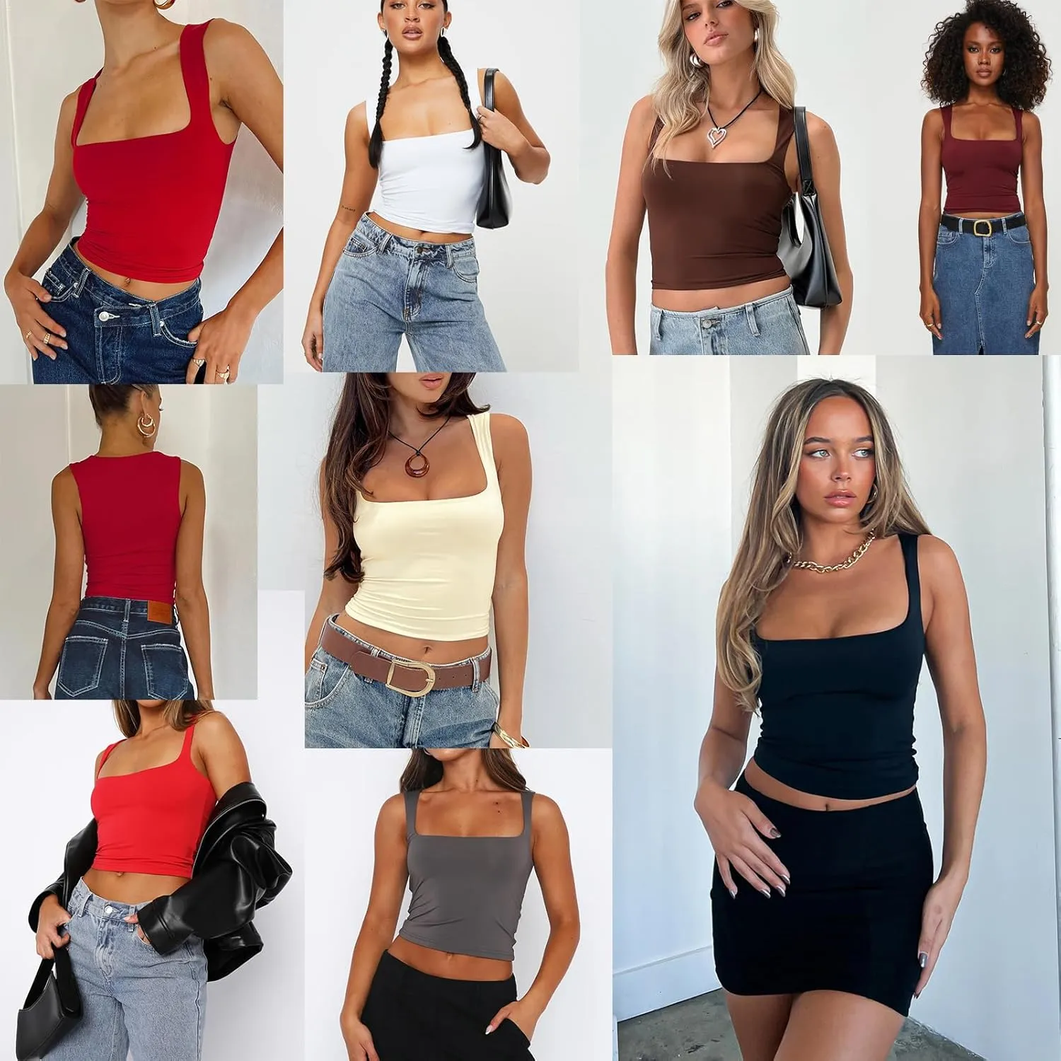 Abardsion Womens Sexy Crop Top Summer 2024 Square Neck Sleeveless Double Layer Going Out Tank Tops